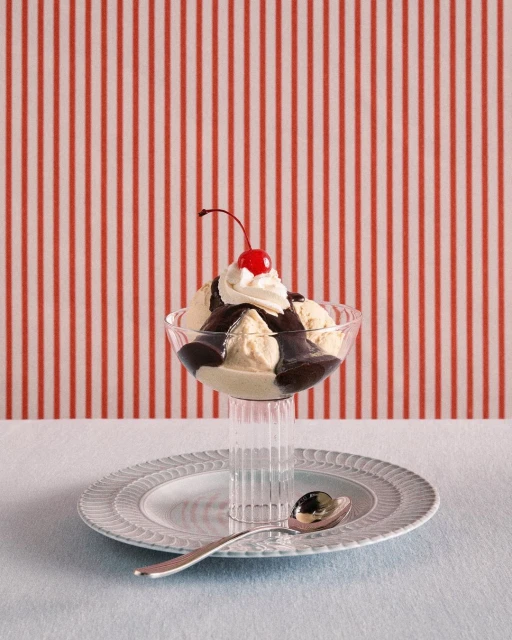A glass sundae dish filled with ice cream, chocolate sauce, whipped cream, and a cherry on top, resting on a plate with a spoon.