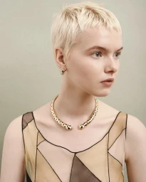 Close up portrait of a woman with short blonde hair wearing a gold animal motif choker necklace and geometric patterned top against a neutral background