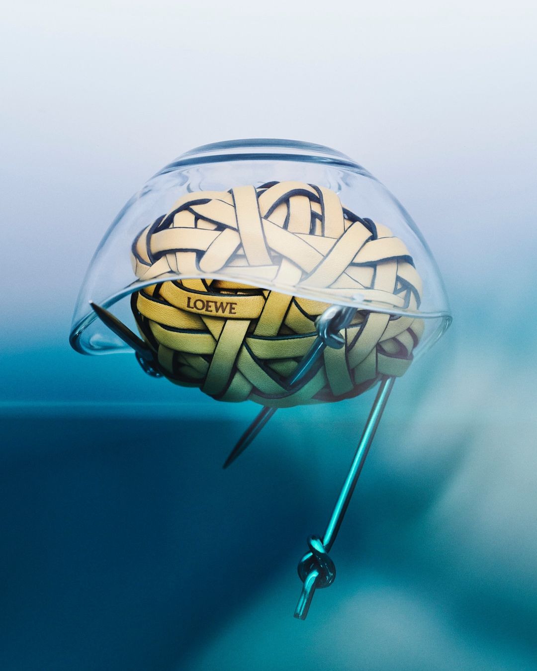 Woven leather brain sculpture encased in a clear glass dome with metal pins by Mattia Iotti