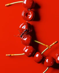 Close-up macro shot of shiny red cherries arranged in a line with a small ant crawling across them against a vibrant red background.