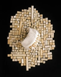 A white Fendi handbag resting on an irregular arrangement of vintage computer keyboard keys against a solid black background.