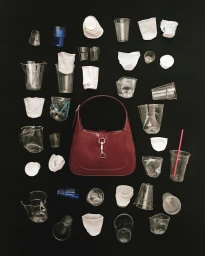 Red patent leather handbag centred among an arrangement of discarded plastic cups and straws against a black background