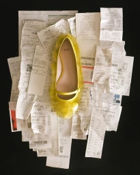 A bright yellow mesh flat shoe resting on top of a scattered collage of white paper receipts against a dark background.