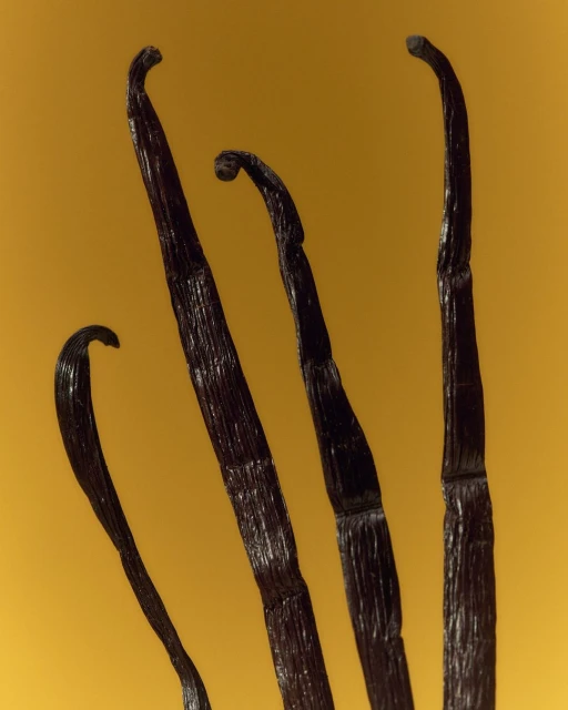 Close-up studio shot of four dark brown vanilla beans against a solid yellow background, emphasizing their texture and curved shapes.
