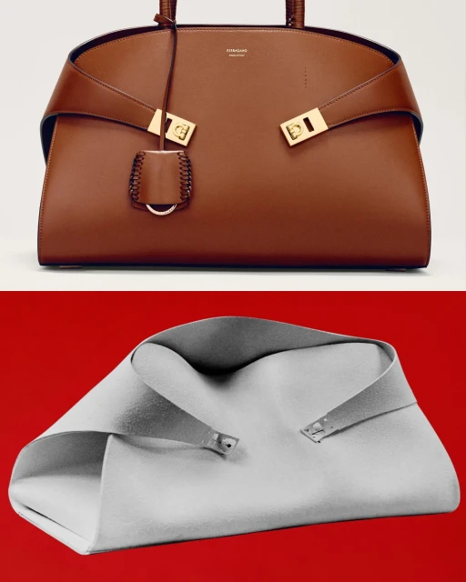 Tan leather handbag with gold hardware on a split white and red background, showcasing a modern design with clean lines and neutral tones.