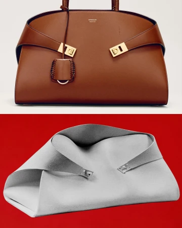 Tan leather handbag with gold hardware on a split white and red background, showcasing a modern design with clean lines and neutral tones.