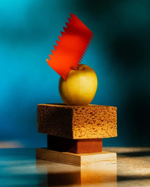 Still life studio image of a yellow apple pierced with a red comb, resting on sponges and a wooden block against a blue background.