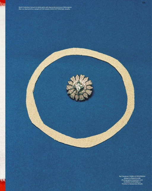 Close-up of a diamond brooch encircled by a textured ring on a blue background, evoking luxury jewelry and studio still life.