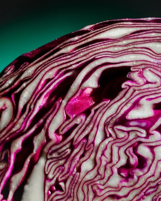 Close-up view of a halved red cabbage showcasing its intricate layers of purple and white against a teal background.