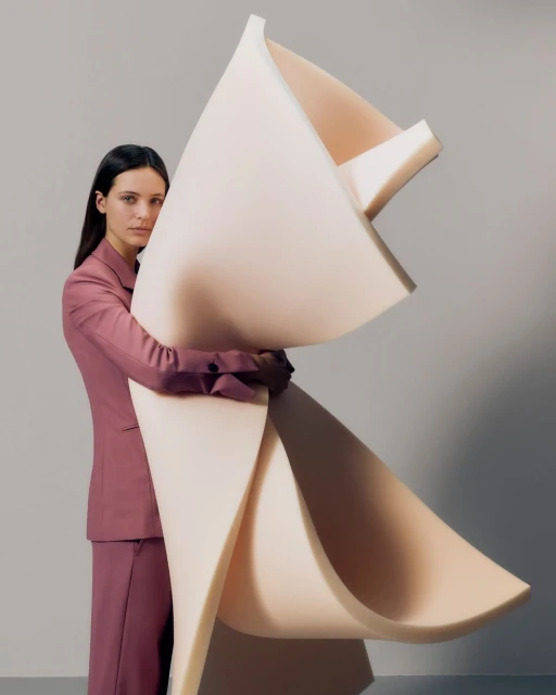 Brunette woman in suit embraces a cream-colored abstract sculptural form in a minimalist studio setting with soft, diffused lighting.