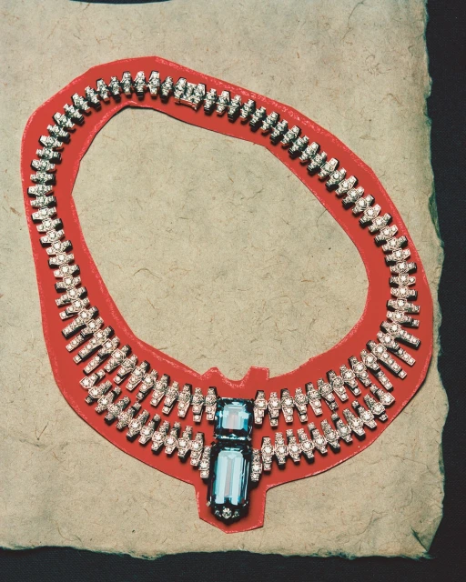 Close-up of a unique jeweled necklace featuring a red setting with silver and crystal accents and a prominent blue gem centerpiece.