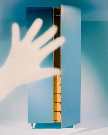 Minimalist photograph of an open, light blue armoire with natural wood interior, next to a ghostly hand shadow on a blue wall.