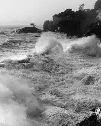 Black and white photograph of large crashing ocean waves breaking against a rocky coastline with distant buildings.