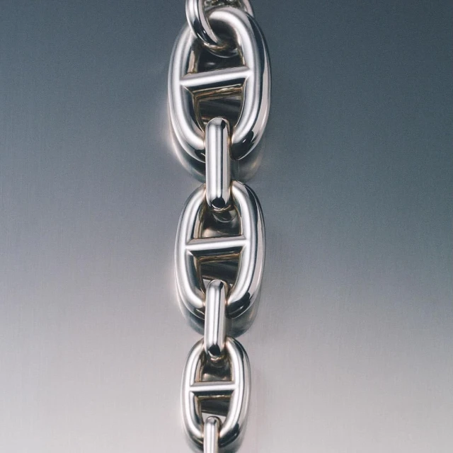 Close-up of a silver chain necklace, showcasing interlocking links with a reflective background and a smooth, polished finish.