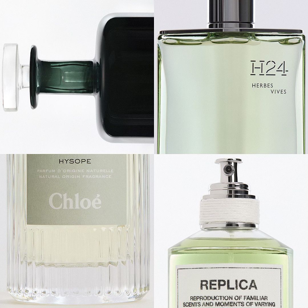 Four designer perfume bottles in a grid format, featuring top and base views, with distinctive shapes and brand labels on a white backdrop.