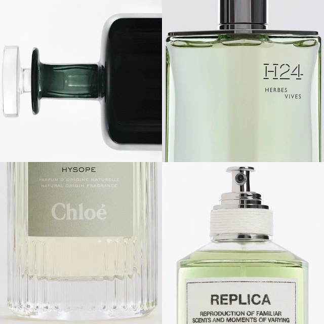 Four designer perfume bottles in a grid format, featuring top and base views, with distinctive shapes and brand labels on a white backdrop.