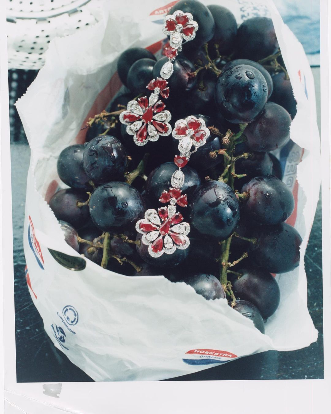 Elegant flower-shaped earrings with rubies displayed atop a pile of fresh, dark purple grapes in a white paper bag.