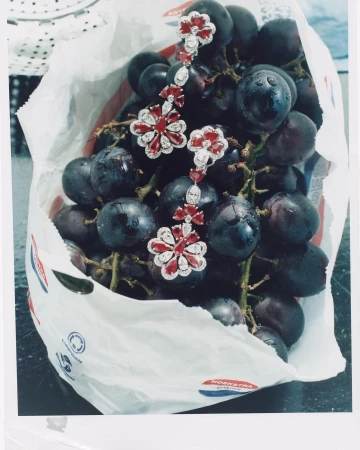 Elegant flower-shaped earrings with rubies displayed atop a pile of fresh, dark purple grapes in a white paper bag.