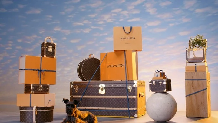 Pile of Louis Vuitton luggage, boxes, and a dog on a cloudy day background, presenting a scene of luxury travel and lifestyle.