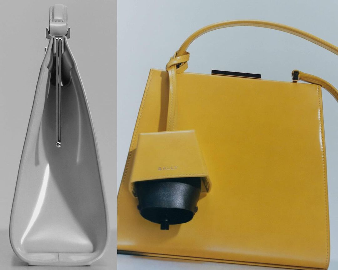Luxury yellow leather handbag with a structured design, complemented by a gray version, presented against a simple backdrop.