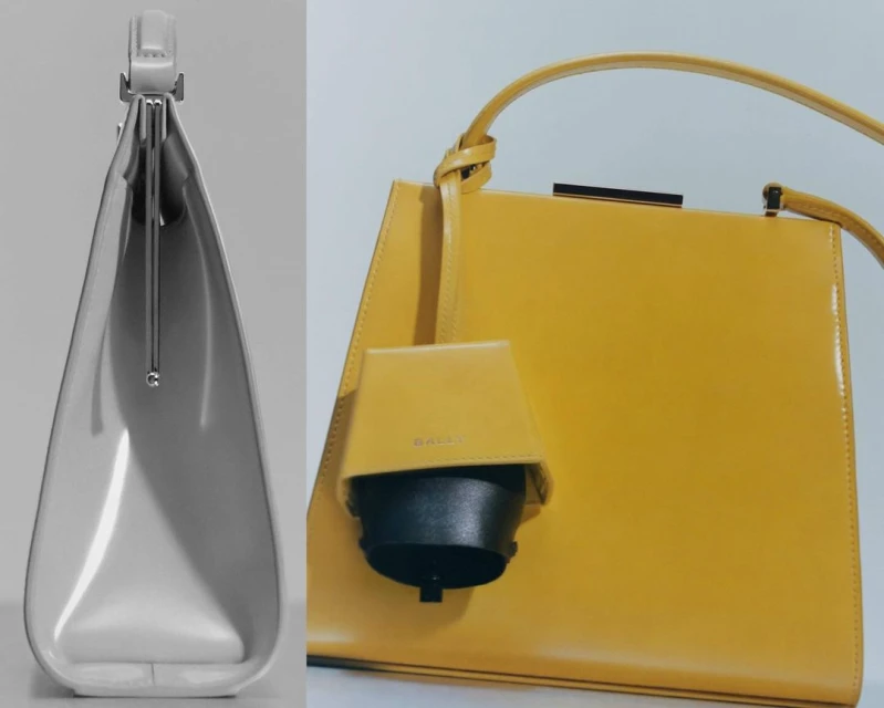 Luxury yellow leather handbag with a structured design, complemented by a gray version, presented against a simple backdrop.