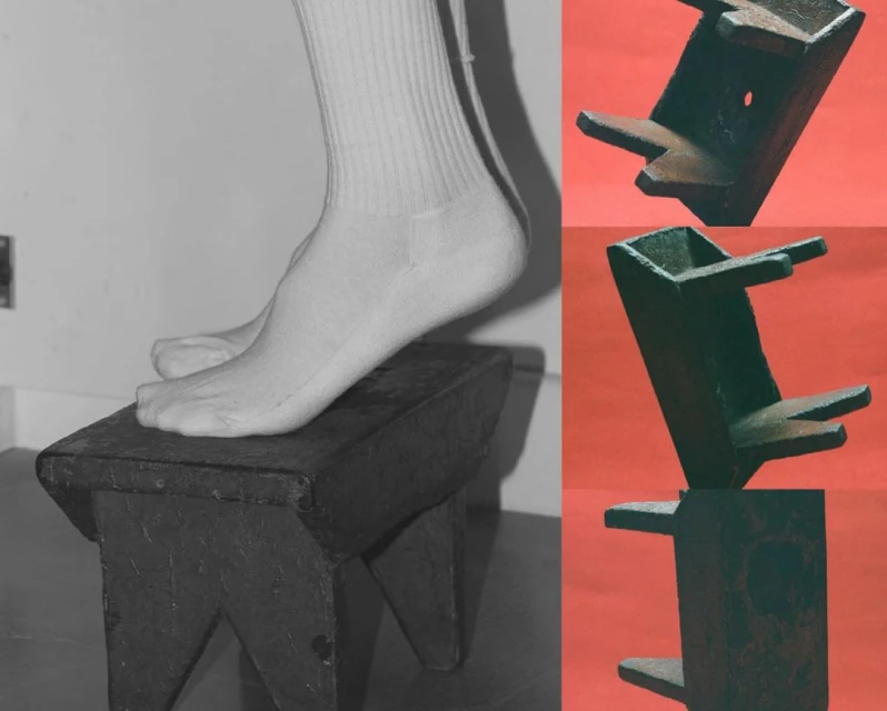 Bare foot steps onto a small, weathered wooden footstool with a red background featuring additional views of the stool.
