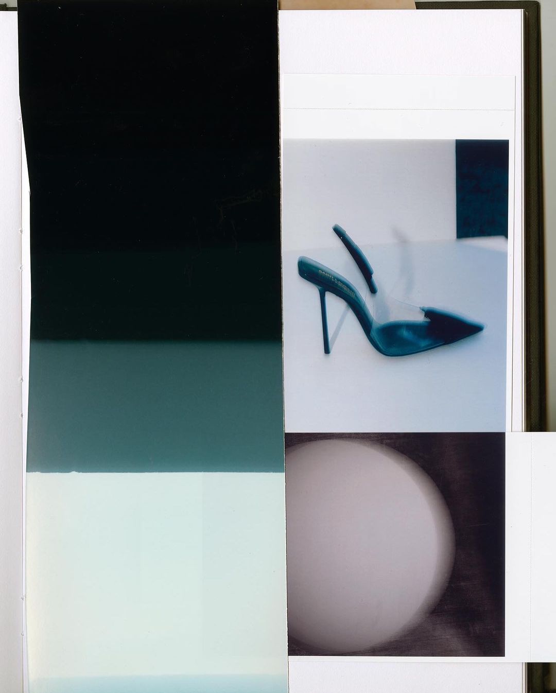 Abstract art photography featuring a turquoise high heel shoe juxtaposed with color bars and a sphere, creating a modern composition.
