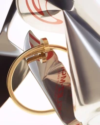 Close-up commercial shot of a polished gold nail ring intertwined with reflective metallic sculptural forms against a white background.