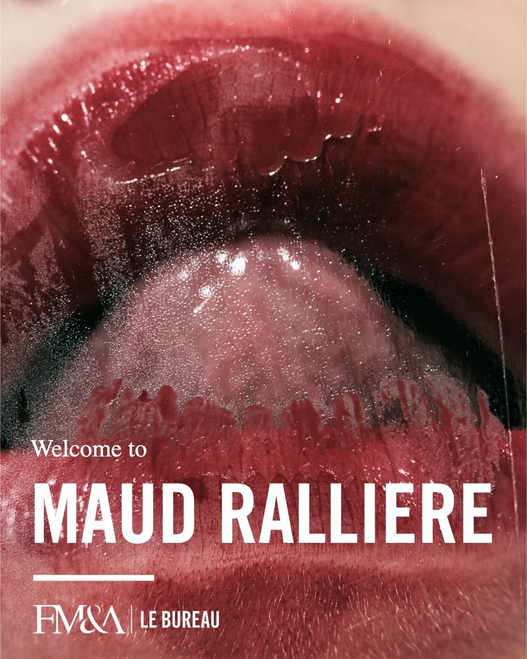 Macro shot of an open mouth with red lips and visible tongue; text overlaid includes 'Maud Ralliere', against a gradient background.