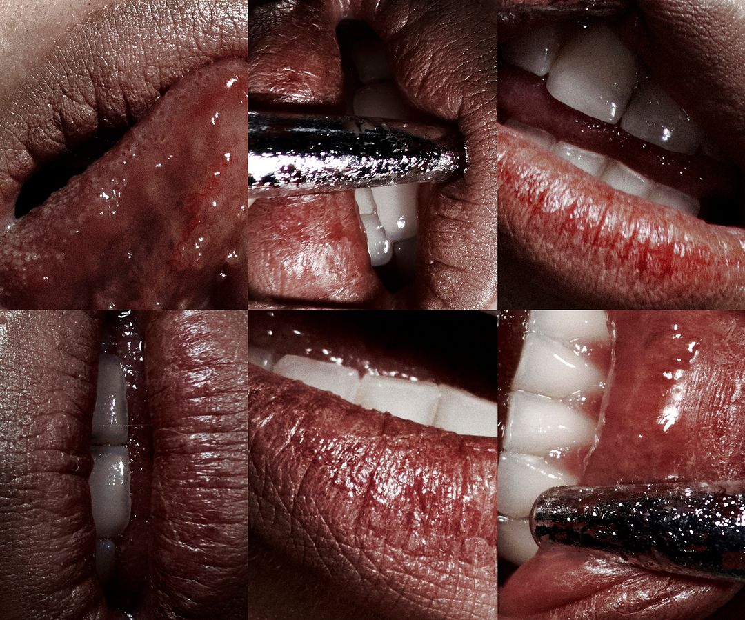 Close-up montage of human mouth and teeth with metallic dental tool in various views, showing the teeth and tongue.