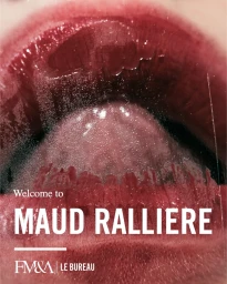 Close-up macro shot of parted lips with dark red lipstick and a visible tongue, featuring overlay text reading Welcome to Maud Ralliere