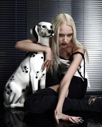Blonde woman with long dark nails embracing a ceramic dalmatian statue in front of grey horizontal blinds.