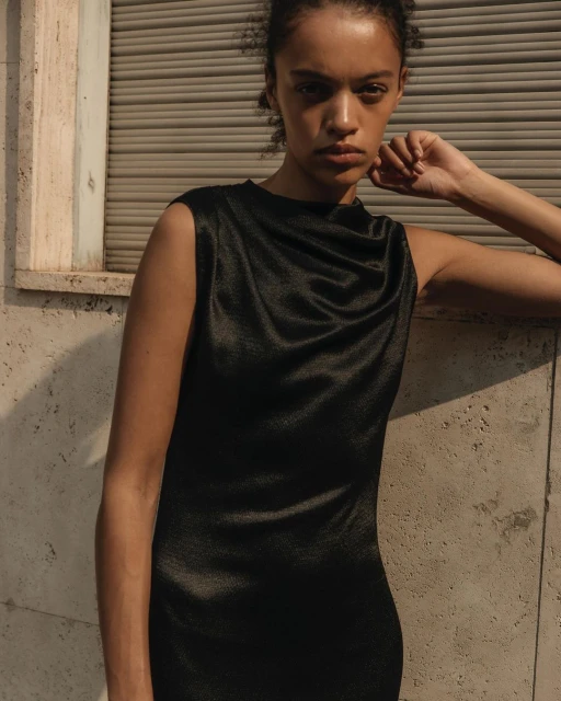 Woman with curly hair posing in a sleeveless black satin dress against a textured wall in natural light. Fashion editorial style shot.