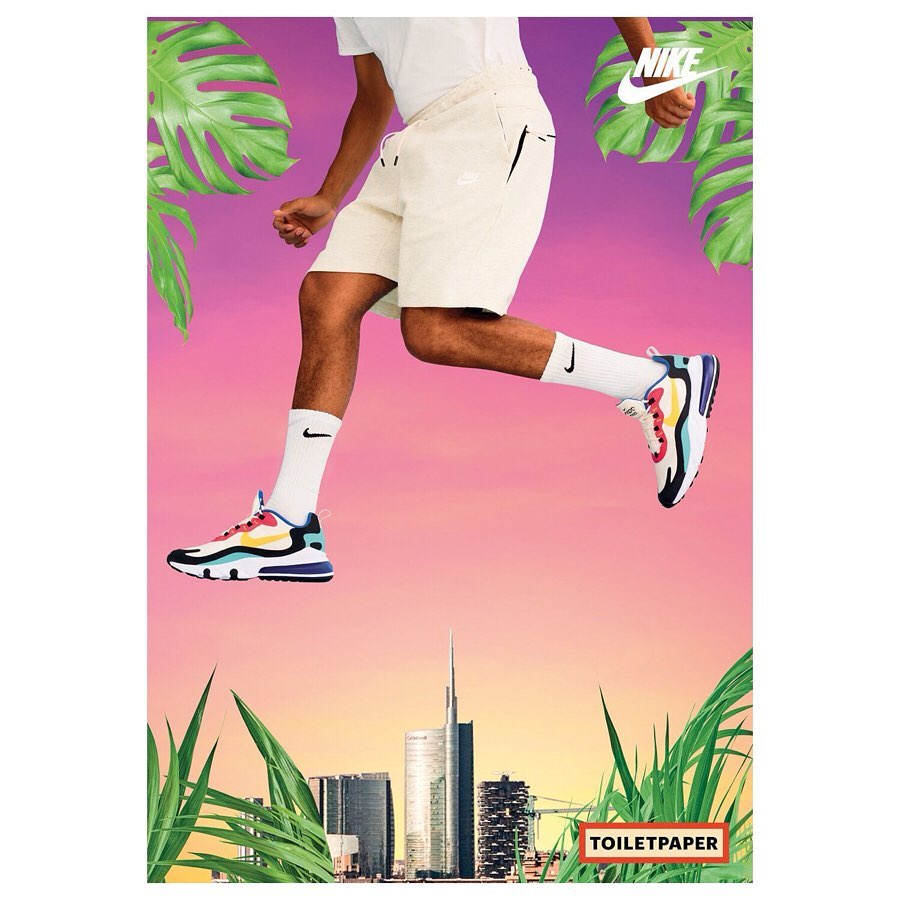 Athletic man leaps in Nike shoes in front of a Milan city skyline and tropical leaves. Nike logo is also visible in the photo.