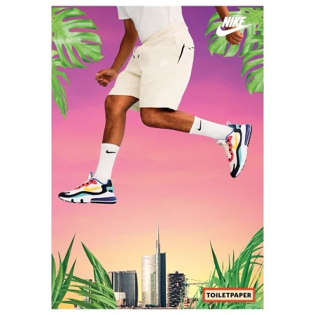 Athletic man leaps in Nike shoes in front of a Milan city skyline and tropical leaves. Nike logo is also visible in the photo.