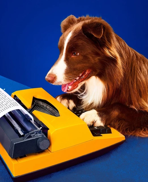 Brown and white Border Collie at a yellow vintage typewriter on a blue background, dog typing a document, paper with text visible.