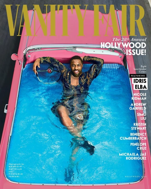 Magazine cover features a Black male celebrity in a blue pool inside a pink convertible, wearing a patterned robe, with water splashing.