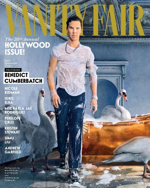 Vanity Fair cover featuring Benedict Cumberbatch in a wet t-shirt and jeans with swans in a light blue ornate setting.