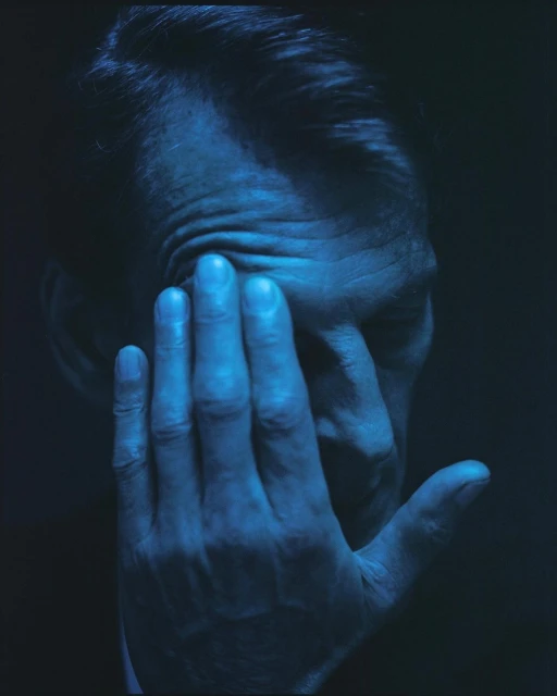Dramatic portrait of an adult male with hand to face, shot in deep blue hues and dark lighting, highlighting skin texture and form.