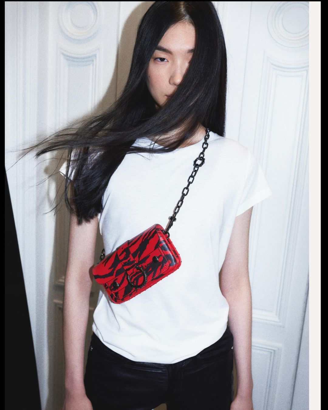 Woman with long dark hair wearing a white t-shirt and black jeans poses with a red and black patterned purse in front of a white door.