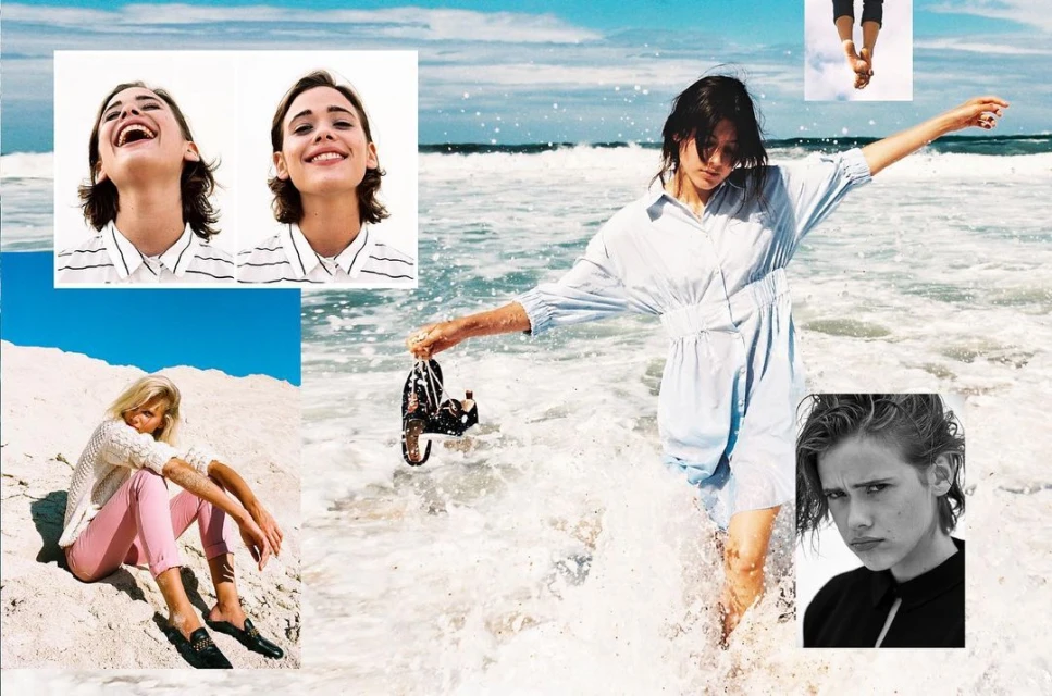 Collage-style image featuring a woman in a light blue dress on a beach, with additional headshot insets and pink pants and sand.