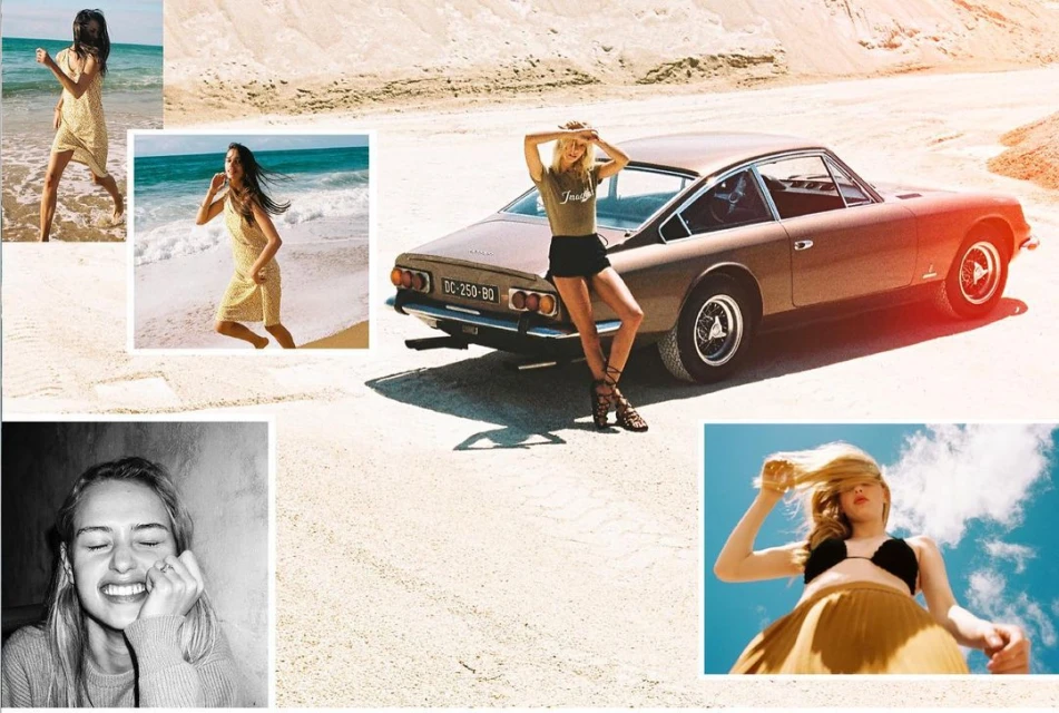 Aesthetic collage with a woman posing by a vintage car, beach scenes, and a black-and-white portrait, creating a diverse and visually engaging composition.