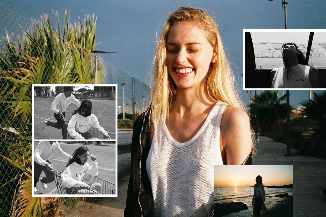 Smiling blonde woman in an outdoor setting with inset images featuring people and landscapes, creating a composite visual effect.