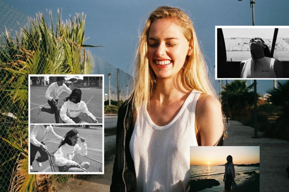 Smiling blonde woman in an outdoor setting with inset images featuring people and landscapes, creating a composite visual effect.