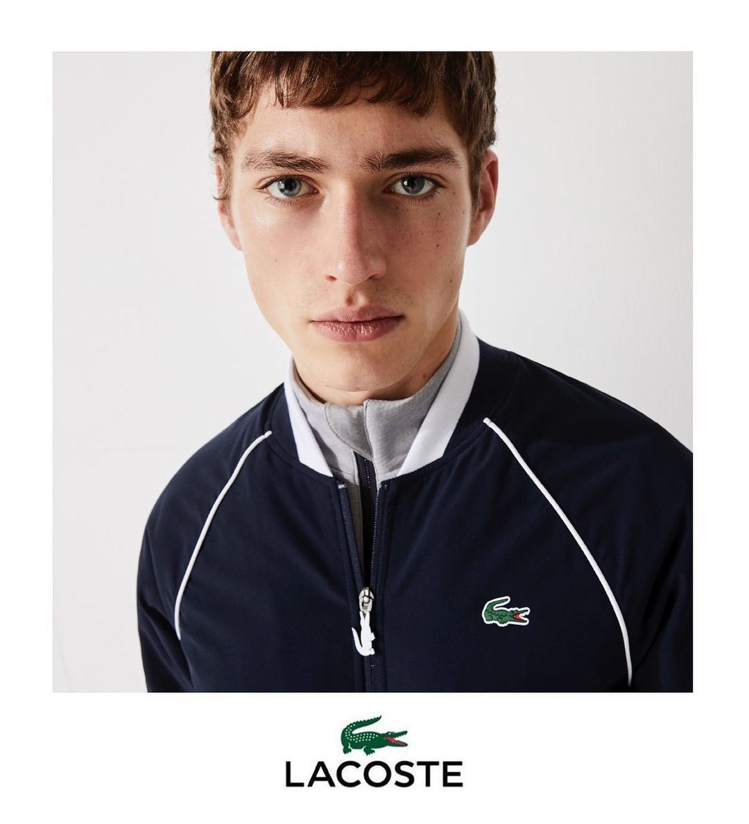 Close-up of a young adult male wearing a navy Lacoste bomber jacket with white trim and a gray collared shirt against a neutral backdrop.