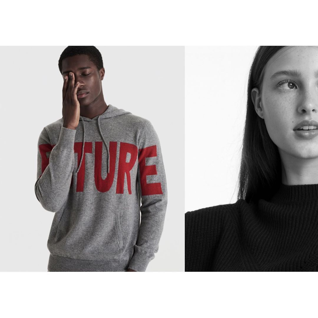 Studio shot of an African American man in a gray hoodie with red text next to a Caucasian woman, both looking stylish in neutral tones.