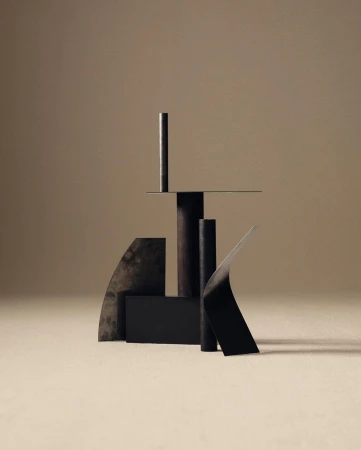 Abstract geometric shapes and cylinders in neutral tones, creating a minimalist composition with subtle shadows and textures.