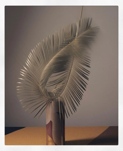 Still life photography of a palm frond in a patterned vase against a neutral backdrop, creating a minimalist and elegant composition.