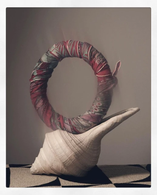 Fabric-wrapped ring rests on a large conch shell atop a patterned rug indoors in a still life, showcasing art and decor.