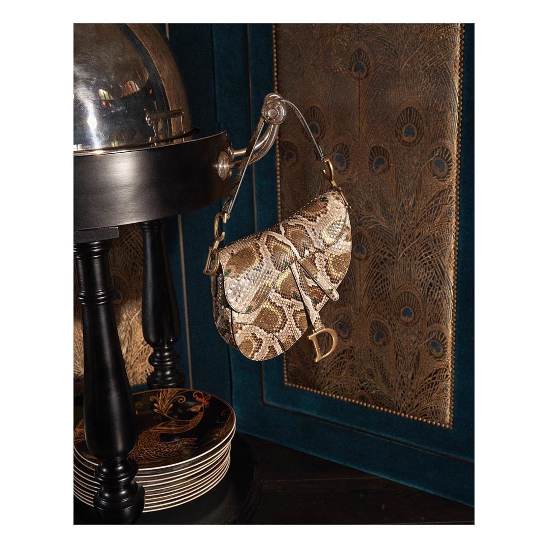 Dior saddle bag with snakeskin print on a silver stand in front of a peacock feather patterned wall for fashion editorial.